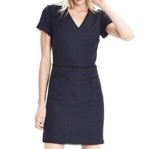 Banana Republic Wool Sheath Dress Womens 14 Tall Navy Blue Career Business Tweed